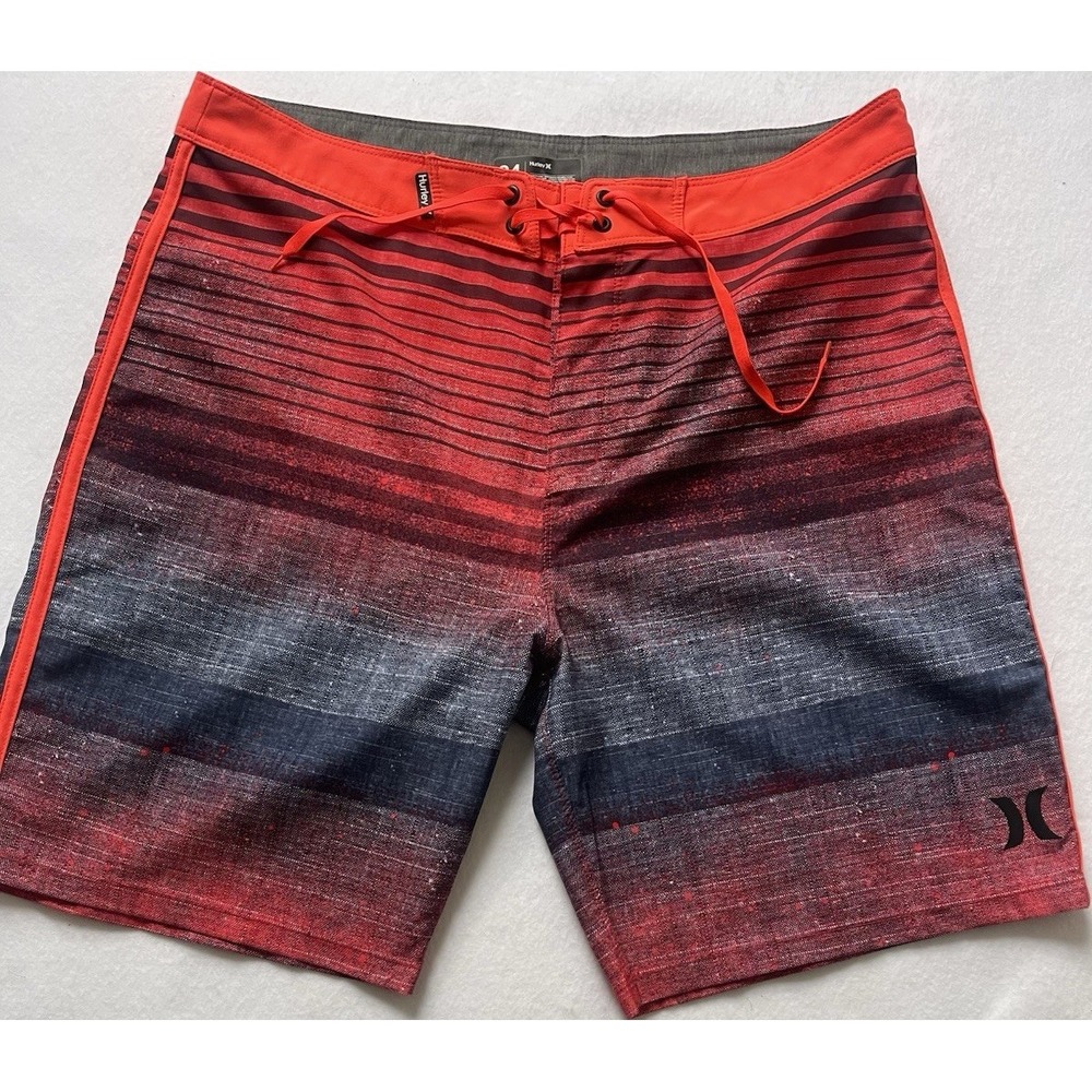 Hurley Men's Board Shorts Striped Red Black Gray Back Pocket Drawstring Size 34